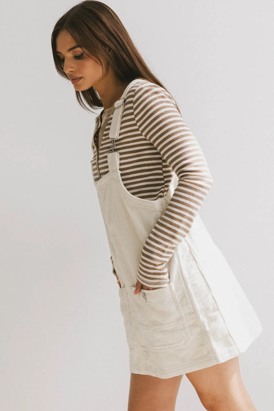 Plaid mini dresses for fall fashion Reid Corduroy Overall Dress in Ivory