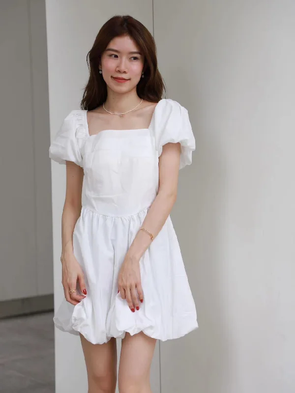 Mini dresses with patchwork designs for a unique style Puffy Pop White Mini Dress