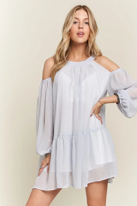 Polyester mini dresses for easy care ADORA Cold Shoulder Balloon Sleeve Mini Dress