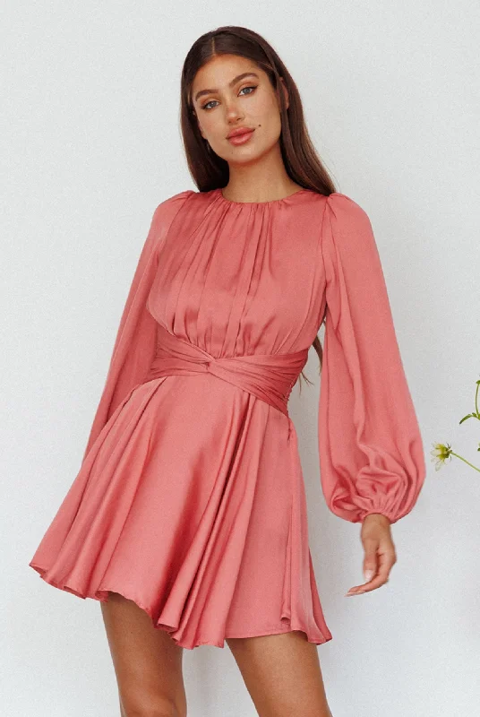 Mini dresses with geometric prints for a modern aesthetic Leia Long Sleeve Waist Tie Mini Dress Rose