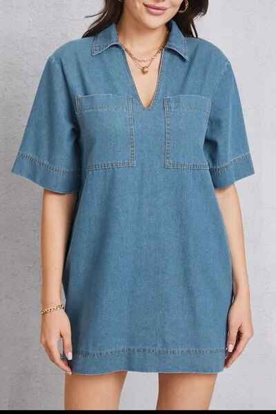Mini dresses with puff sleeves for a vintage look Pocketed Collared Neck Mini Denim Dress Mini dresses with puff sleeves for a vintage look Pocketed Collared Neck Mini Denim Dress