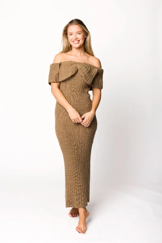 Midi dresses with halter necks for a stylish and comfortable option Aston Bow Front Maxi Sweater Dress in Brown - Bump Friendly Midi dresses with halter necks for a stylish and comfortable option Aston Bow Front Maxi Sweater Dress in Brown - Bump Friendly