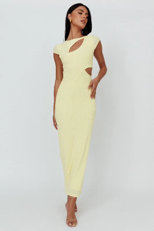 Midi dresses with V - necklines for a flattering and elongating effect Elenice Cap Sleeve Cut-Out Midi Dress Lemon