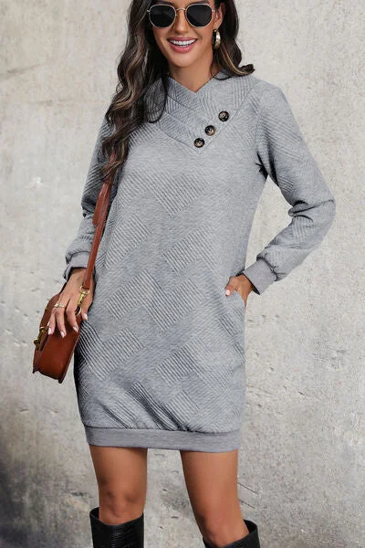 Mini dresses with pocket details for added functionality Textured Decorative Button Mini Dress Mini dresses with pocket details for added functionality Textured Decorative Button Mini Dress