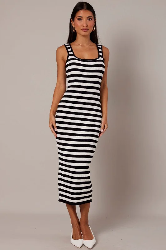 Midi dresses with lace - up fronts for a unique and adjustable style Beige Stripe Knit Midi Dress Sleeveless Scoop Neck Bodycon Rib