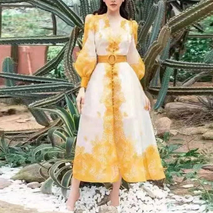 Midi dresses with ruffled hems for a romantic date night KittenAlarm - Almyra Bishop Sleeves Midi Dress