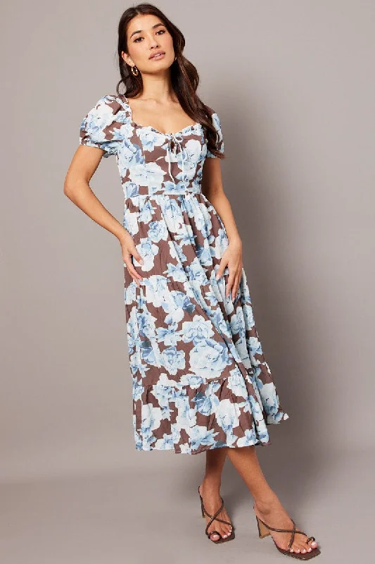 Midi dresses with asymmetric hems for a fashion - forward and dynamic appearance Multi Floral Maxi Dress Puff Sleeve Midi dresses with asymmetric hems for a fashion - forward and dynamic appearance Multi Floral Maxi Dress Puff Sleeve
