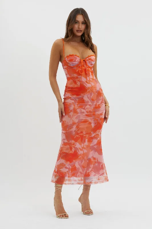 Midi dresses with satin - finish fabrics for a luxurious feel Fortune Lace Trim Mesh Midi Dress Orange
