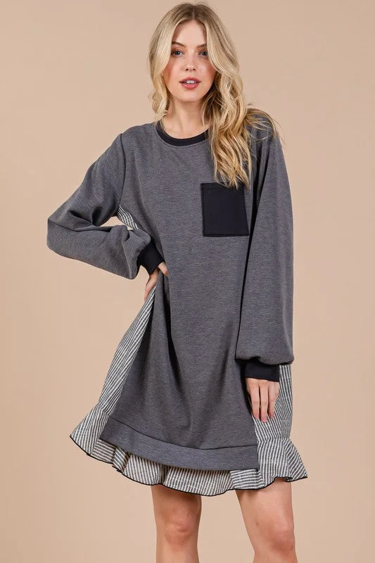 Mini dresses with fringe for a bohemian style Ces Femme Striped Patchwork Round Neck Terry Sweatshirt Dress Mini dresses with fringe for a bohemian style Ces Femme Striped Patchwork Round Neck Terry Sweatshirt Dress