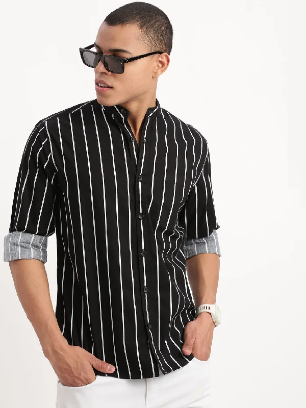Plus Size Men's Plaid Flannel Casual Shirts in Earth Tones for a Cozy Fall OutfitMen Mandarin Collar Vertical Stripes Black Shirt Plus Size Men's Plaid Flannel Casual Shirts in Earth Tones for a Cozy Fall OutfitMen Mandarin Collar Vertical Stripes Black Shirt