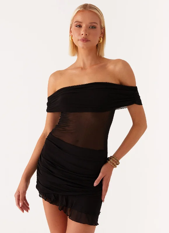 Mini dresses with asymmetric hems for a fashion - forward look Nelly Off Shoulder Mini Dress - Black Mini dresses with asymmetric hems for a fashion - forward look Nelly Off Shoulder Mini Dress - Black