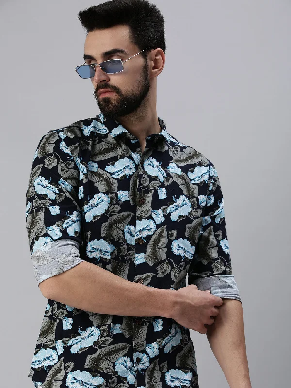 Men's Retro - Style Hawaiian Print Casual Shirts in Bold Patterns for a Tropical VacationMen Spread Collar Printed Navy Blue Shirt Men's Retro - Style Hawaiian Print Casual Shirts in Bold Patterns for a Tropical VacationMen Spread Collar Printed Navy Blue Shirt