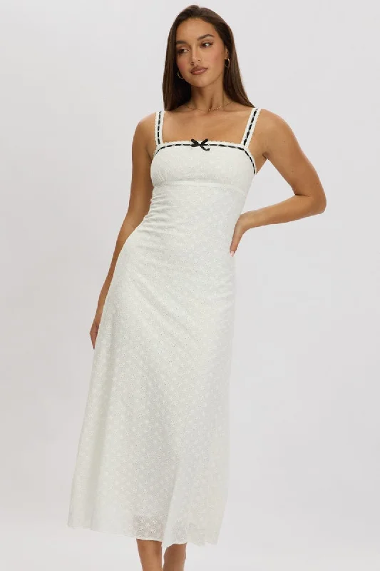 Midi dresses with halter necks for a stylish and comfortable option White Midi Dress Lace Trim Sleeveless Eyelet Fabric