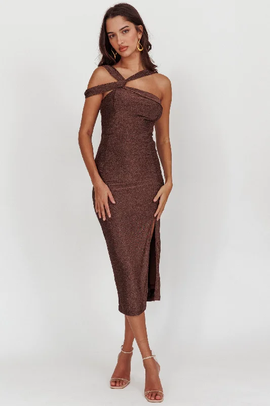 Midi dresses with pleated skirts for a timeless and elegant appeal First Impressions One Shoulder Midi Dress Chocolate