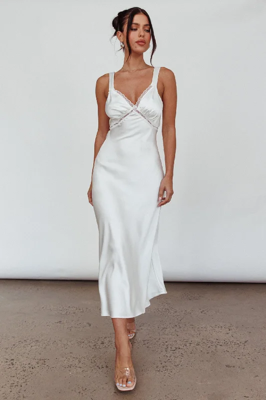 Midi dresses with puff sleeves for a vintage - inspired look Nyah Lace Trim Midi Dress Off White