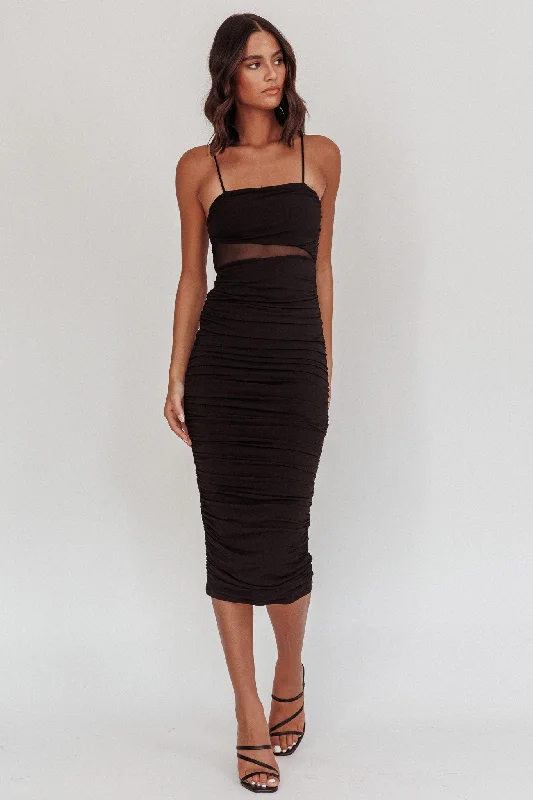 Midi dresses with geometric cutouts for a contemporary and edgy look Take A Glance Sheer Waist Midi Dress Black