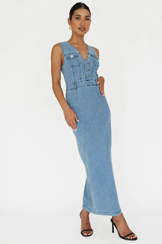 Midi dresses with pleated skirts for a timeless and elegant appeal Jazelle Sleeveless Button Front Maxi Dress Denim