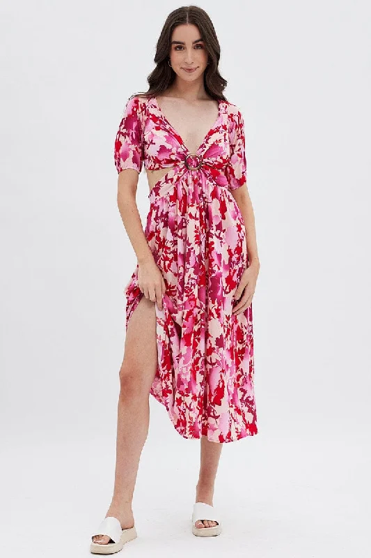 Midi dresses with button - front designs for a classic touch Red Floral Cutout Midi Dress Midi dresses with button - front designs for a classic touch Red Floral Cutout Midi Dress