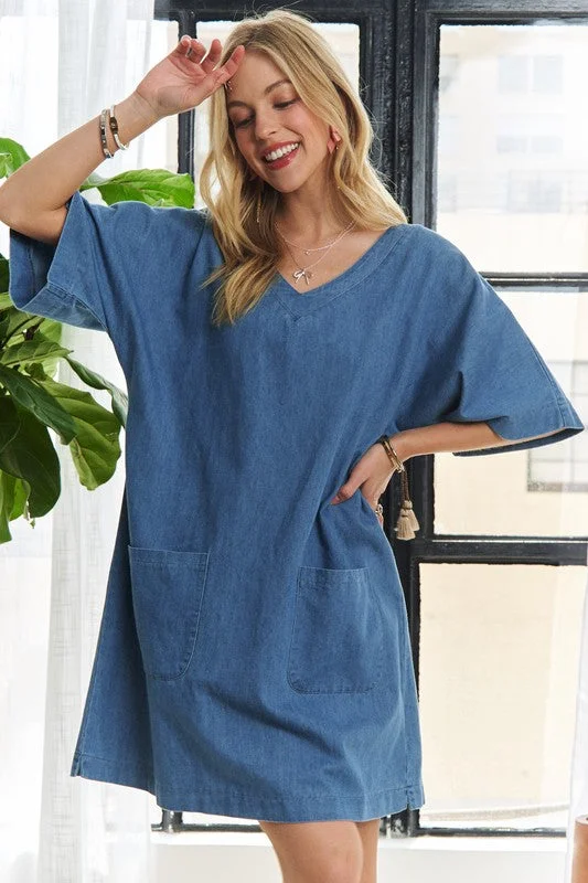 Mini dresses with polka dot patterns ADORA V-Neck Half Sleeve Mini Denim Dress