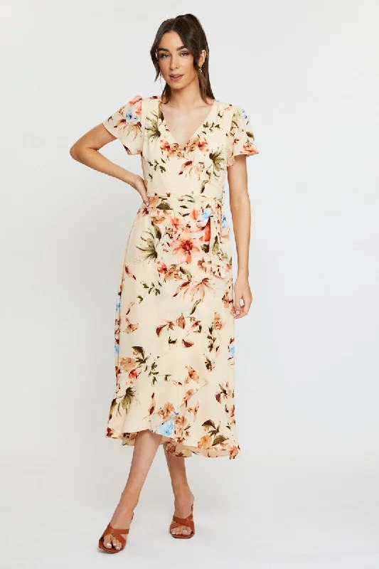 Maxi - inspired midi dresses with flowing fabrics for a beachy vibe Print Midi Dress Short Sleeve V Neck Maxi - inspired midi dresses with flowing fabrics for a beachy vibe Print Midi Dress Short Sleeve V Neck