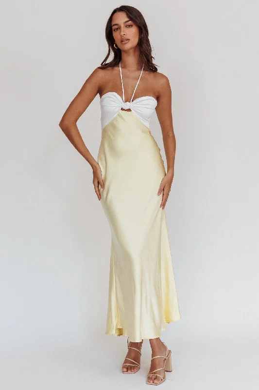 Midi dresses with metallic threads for a glamorous evening event Hassie Knot Bust Halter Midi Dress Yellow Midi dresses with metallic threads for a glamorous evening event Hassie Knot Bust Halter Midi Dress Yellow