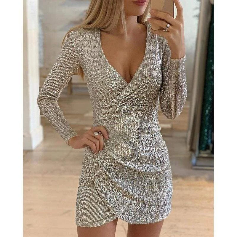 Mini dresses with pom - pom trims for a playful feel FashionSierra - New Fashion Long Sleeve Sequin Deep V-neck women slim fit mini dress Mini dresses with pom - pom trims for a playful feel FashionSierra - New Fashion Long Sleeve Sequin Deep V-neck women slim fit mini dress