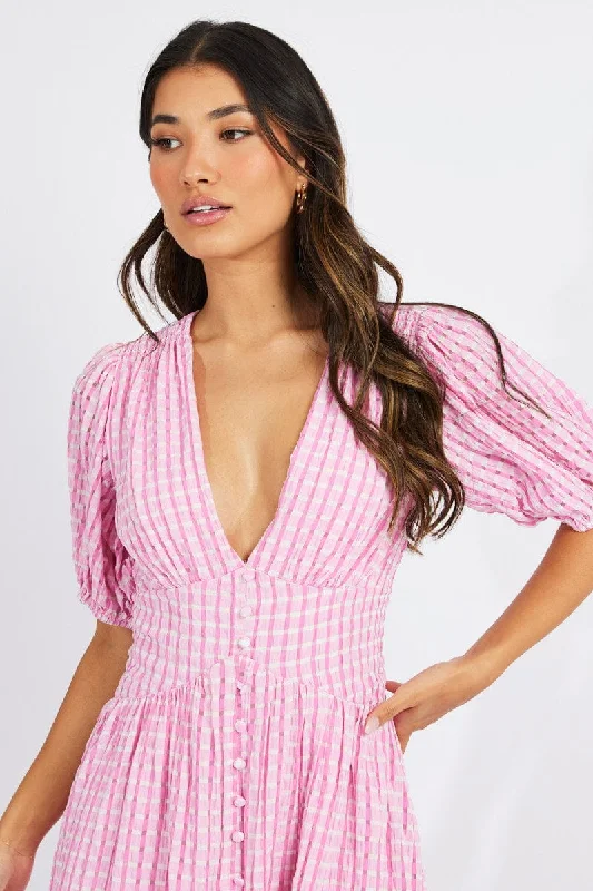 Plaid midi dresses for a fall - themed family gathering Pink Midi Dress Puff Sleeve