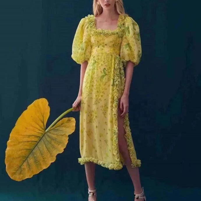 Midi dresses with button - front designs for a classic touch KittenAlarm - Evynne Puff Sleeves Midi Dress