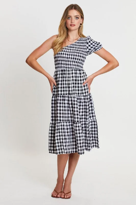 Midi dresses with embroidered accents for a unique and detailed design Check Midi Dress One Shoulder Short Sleeve