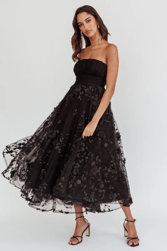 Midi dresses with polka dot prints for a playful summer outfit Fayette Strapless Mesh Midi Dress Embellished Black Midi dresses with polka dot prints for a playful summer outfit Fayette Strapless Mesh Midi Dress Embellished Black