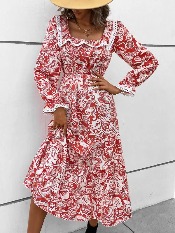 Mini dresses with tiered skirts for added volume BerryBetty - Women's lace patchwork floral long-sleeved dress Mini dresses with tiered skirts for added volume BerryBetty - Women's lace patchwork floral long-sleeved dress