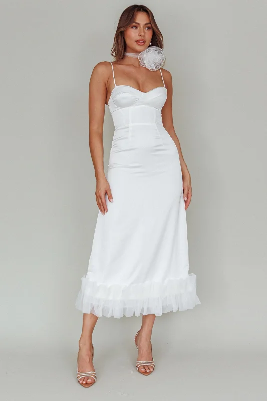 Midi dresses with belted waists to accentuate the figure Buona Sera Hem Decoration Midi Dress White Midi dresses with belted waists to accentuate the figure Buona Sera Hem Decoration Midi Dress White