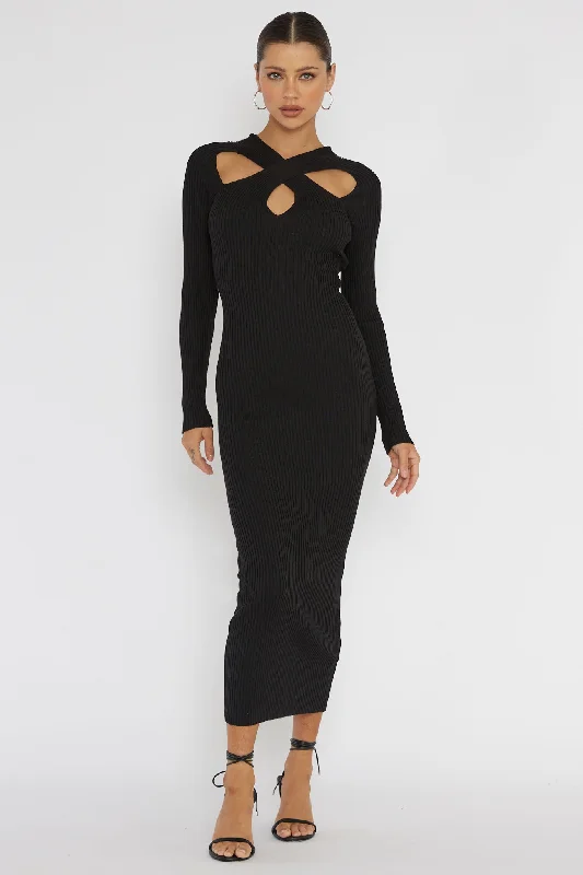 Midi dresses with button - front designs for a classic touch One Mind Cut-Out Neckline Knit Midi Dress Black Midi dresses with button - front designs for a classic touch One Mind Cut-Out Neckline Knit Midi Dress Black