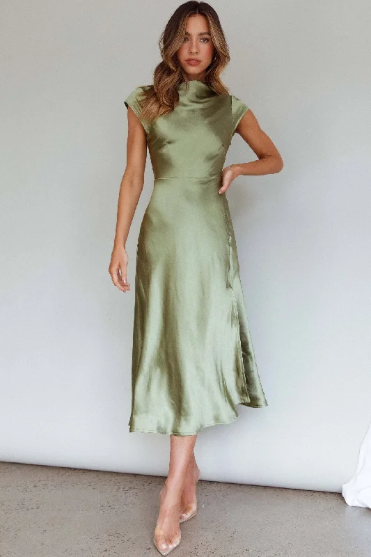 Midi dresses with pom - pom trims for a playful and festive look Lucinda Twist Back Midi Dress Olive Midi dresses with pom - pom trims for a playful and festive look Lucinda Twist Back Midi Dress Olive