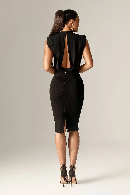 Midi dresses with metallic threads for a glamorous evening event Maxine Draped Crepe Midi Dress (Black)