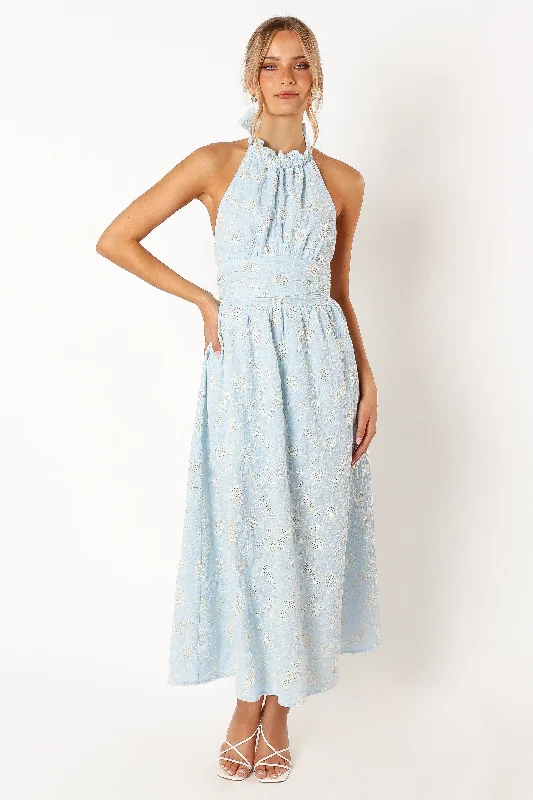 Midi dresses with ruffled hems for a romantic date night Taila Halterneck Midi Dress - Blue Floral Midi dresses with ruffled hems for a romantic date night Taila Halterneck Midi Dress - Blue Floral