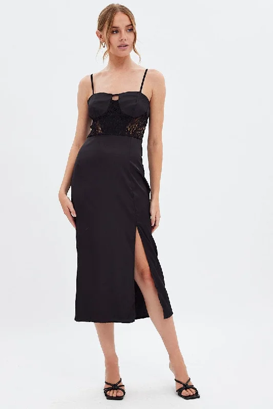 Midi dresses with puff sleeves for a vintage - inspired look Black Sweetheart Satin Dress Midi dresses with puff sleeves for a vintage - inspired look Black Sweetheart Satin Dress