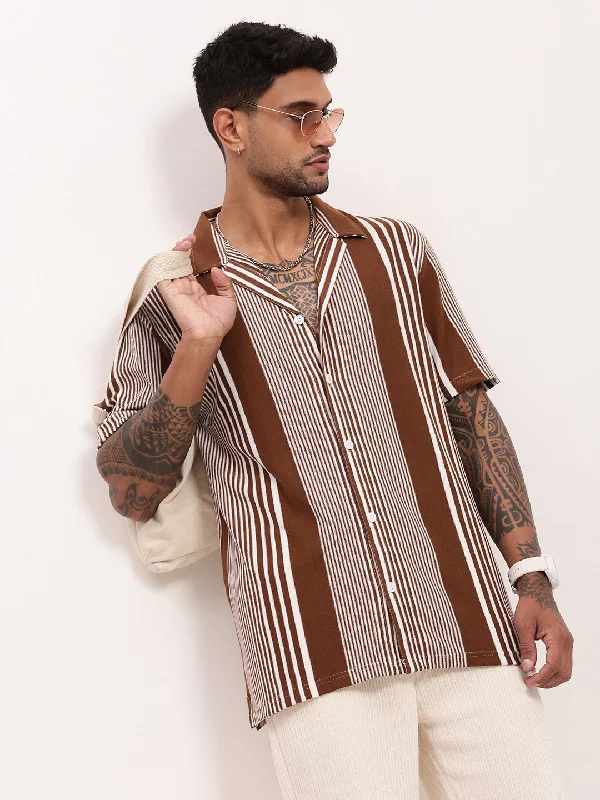 Men's Long - Line Oversized Casual Shirts in Dark Gray for a Relaxed and Modern LookMen Brown Striped Cuban Collar Shirt Men's Long - Line Oversized Casual Shirts in Dark Gray for a Relaxed and Modern LookMen Brown Striped Cuban Collar Shirt