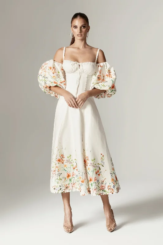 Midi dresses with mesh inserts for a trendy and breathable option Jacquelyn Puff Sleeve Midi Dress (Floral Print)