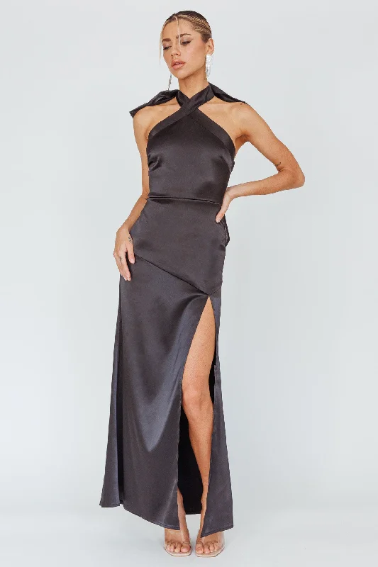 Midi dresses with button - front designs for a classic touch Andria Halterneck Bow Satin Maxi Dress Black Midi dresses with button - front designs for a classic touch Andria Halterneck Bow Satin Maxi Dress Black