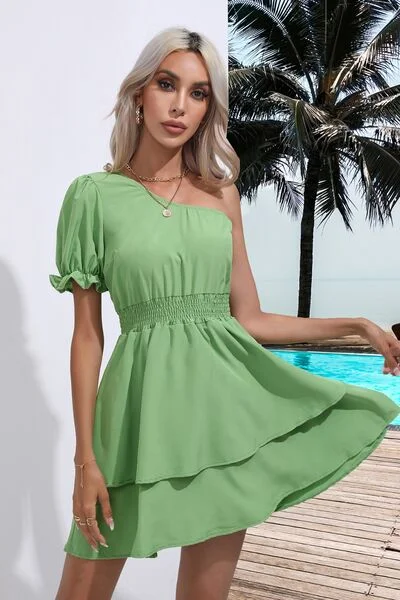 Metallic mini dresses for a glamorous event Layered Single Shoulder Flounce Sleeve Mini Dress Metallic mini dresses for a glamorous event Layered Single Shoulder Flounce Sleeve Mini Dress