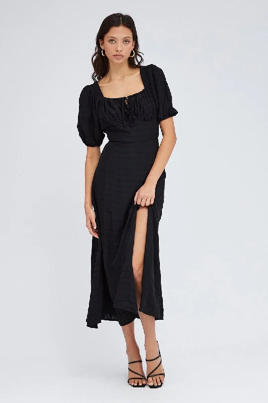 Midi dresses with denim fabric for a casual yet stylish day out Black Midi Dress Short Sleeve Ruched Bust Midi dresses with denim fabric for a casual yet stylish day out Black Midi Dress Short Sleeve Ruched Bust