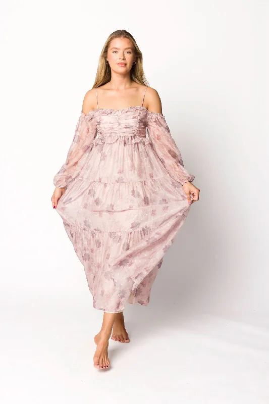 Midi dresses with cold - shoulder cutouts for a trendy style Atlas Rouched Midi Dress in Purple/Blush Floral Midi dresses with cold - shoulder cutouts for a trendy style Atlas Rouched Midi Dress in Purple/Blush Floral