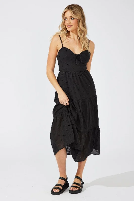 Midi dresses with cold - shoulder cutouts for a trendy style Black Midi Dress Sleeveless Eyelet
