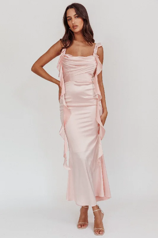 Midi dresses with gathered skirts for a full and flowing silhouette Blushing Ruffle Trim Midi Dress Baby Pink