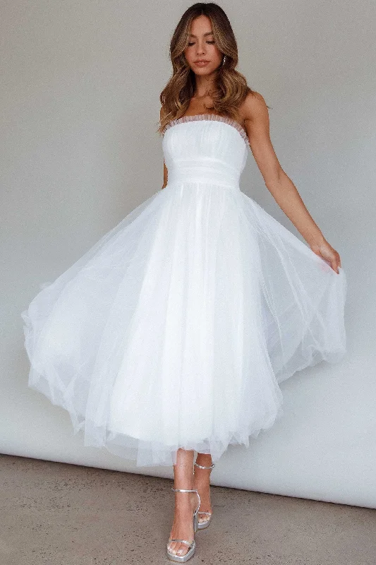 Midi dresses with patchwork patterns for a one - of - a - kind style Fayette Strapless Mesh Midi Dress White