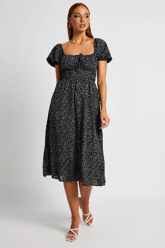 Midi dresses with lace - up fronts for a unique and adjustable style Black Ditsy Midi Dress Short Sleeve Ruched Bust