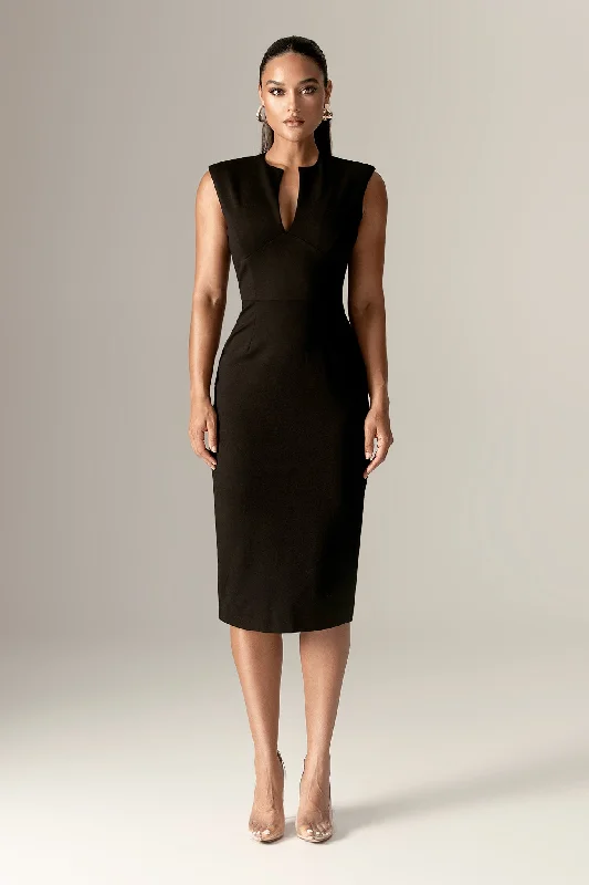 Midi dresses with empire waists for a flattering maternity option Lianna Deep Slit Neckline Dress (Black) Midi dresses with empire waists for a flattering maternity option Lianna Deep Slit Neckline Dress (Black)