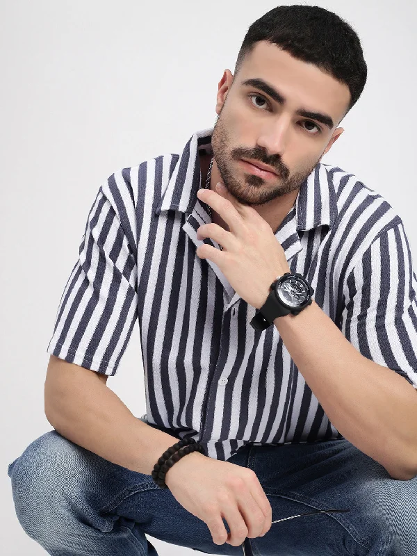 Plus Size Men's Striped Chambray Casual Shirts with a Spread Collar for a Preppy AppearanceMen Grey Cuban Collar Striped Shirt Plus Size Men's Striped Chambray Casual Shirts with a Spread Collar for a Preppy AppearanceMen Grey Cuban Collar Striped Shirt
