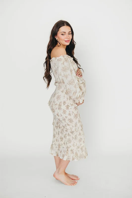 Midi dresses with off - the - shoulder necklines for a flirty look The Chloe Midi Dress in Brown - Bump Friendly